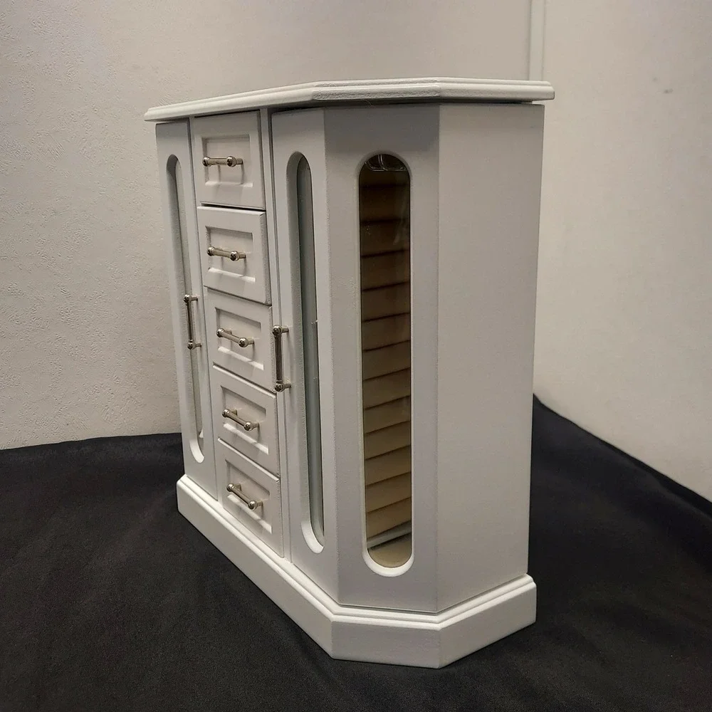 Vintage Wooden Jewelry Armoire Etched Glass Carousel White 13